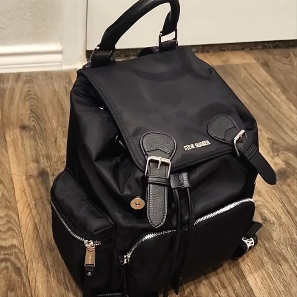 Steve Madden BSolly‎ Nylon Logo Strap Backpack- Black/White
